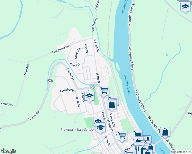map of restaurants, bars, coffee shops, grocery stores, and more near 424 Juniata Heights Road in Newport