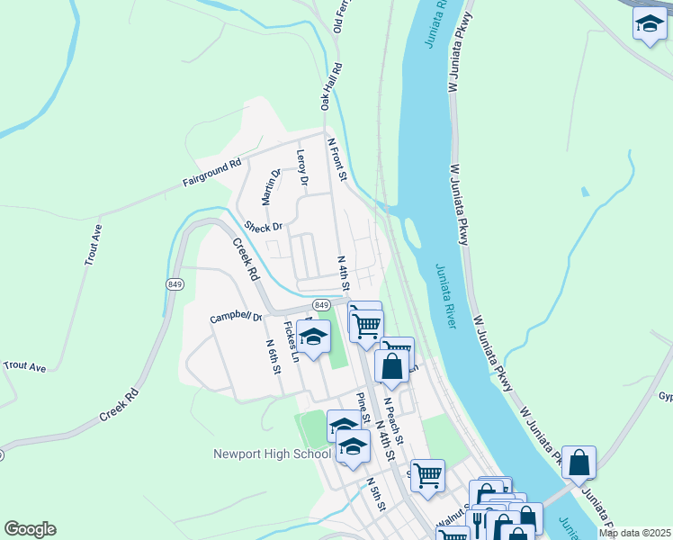 map of restaurants, bars, coffee shops, grocery stores, and more near 424 Juniata Heights Road in Newport