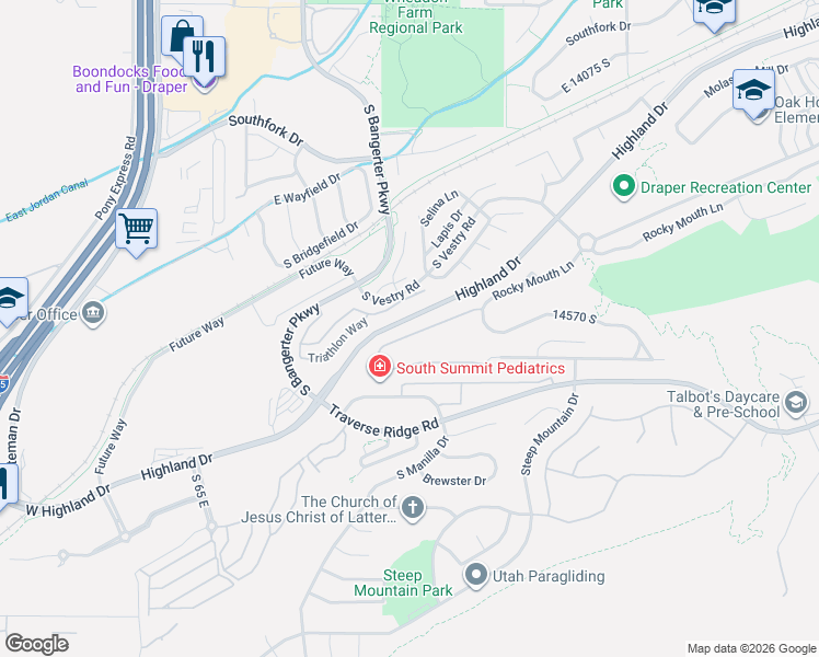 map of restaurants, bars, coffee shops, grocery stores, and more near 14499 Triton Quest Way in Draper
