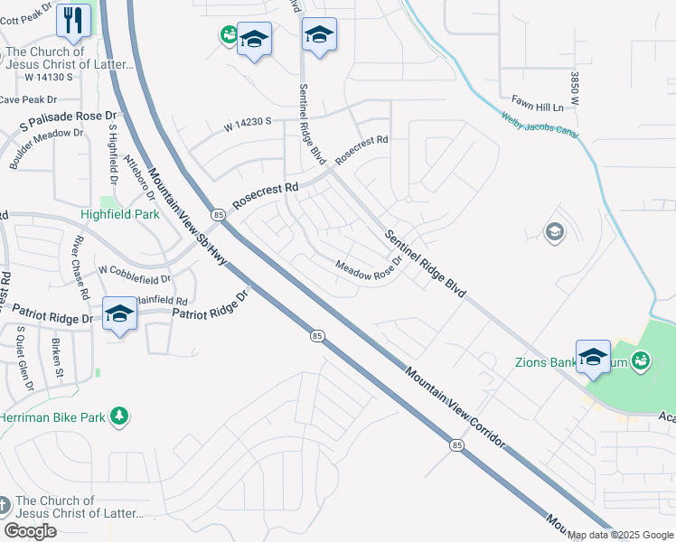 map of restaurants, bars, coffee shops, grocery stores, and more near 14484 South Ronan Lane in Bluffdale