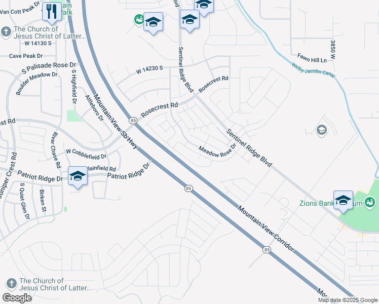 map of restaurants, bars, coffee shops, grocery stores, and more near 14484 South Ronan Lane in Bluffdale