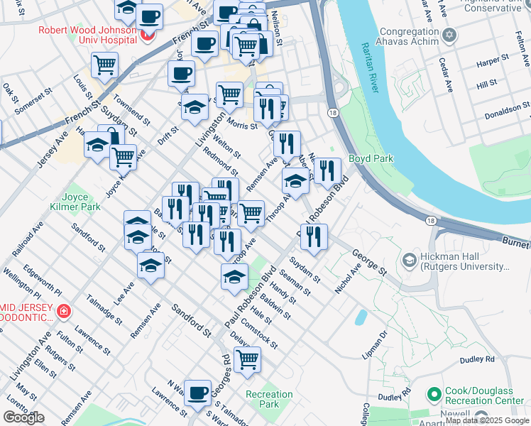 map of restaurants, bars, coffee shops, grocery stores, and more near 151 Townsend Street in New Brunswick