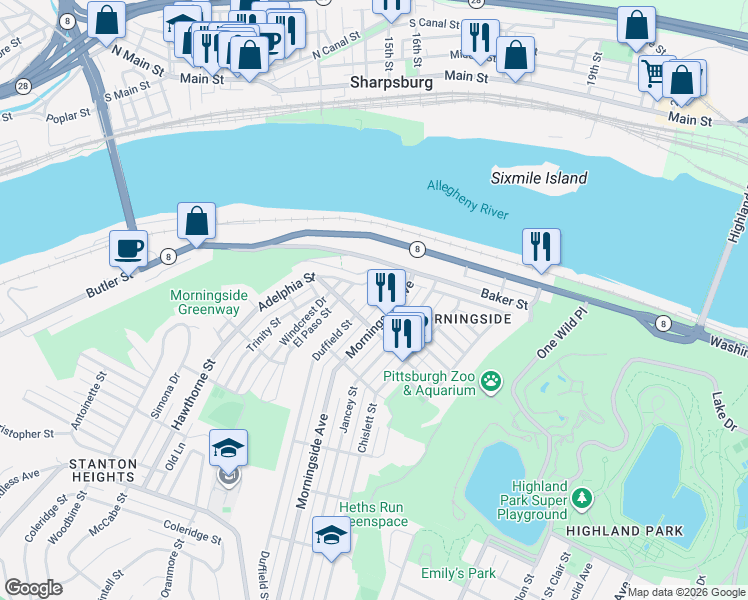 map of restaurants, bars, coffee shops, grocery stores, and more near 6731 Adelphia Street in Pittsburgh