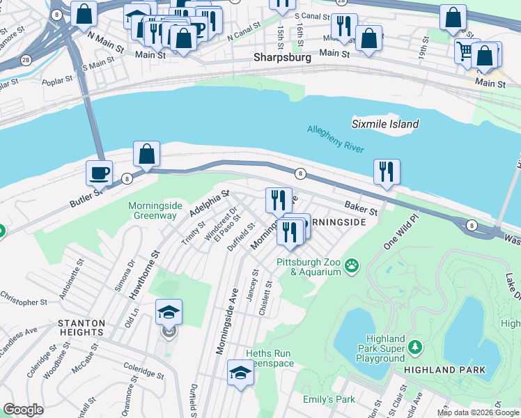 map of restaurants, bars, coffee shops, grocery stores, and more near 6731 Adelphia Street in Pittsburgh