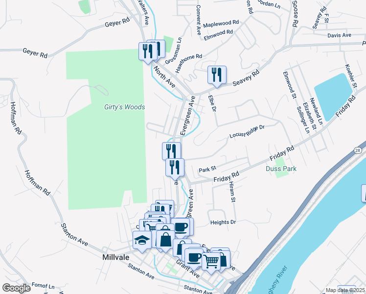 map of restaurants, bars, coffee shops, grocery stores, and more near 726 Evergreen Road in Pittsburgh
