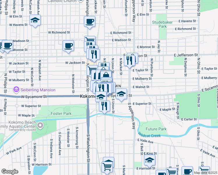map of restaurants, bars, coffee shops, grocery stores, and more near in Kokomo