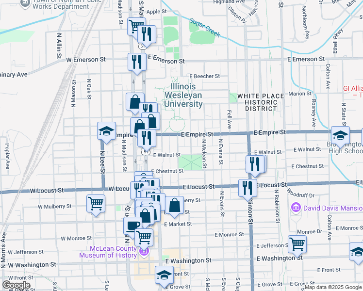 map of restaurants, bars, coffee shops, grocery stores, and more near 1014 Park Street in Bloomington