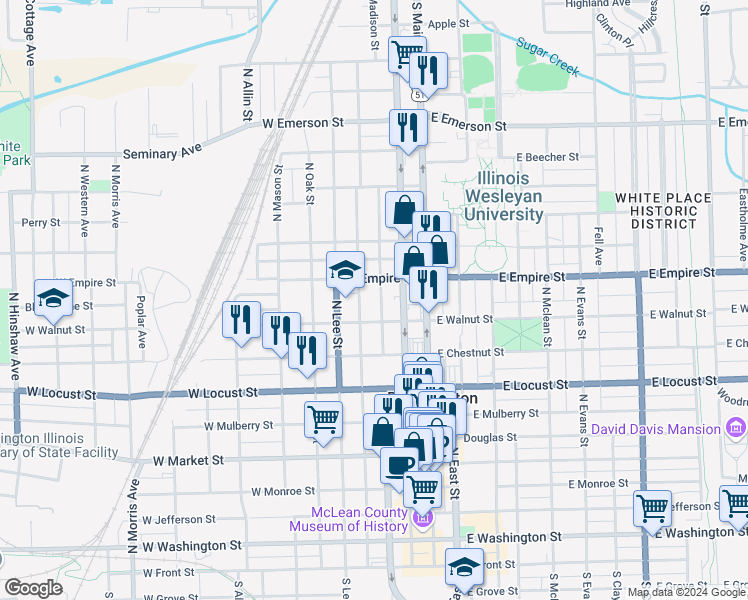 map of restaurants, bars, coffee shops, grocery stores, and more near 915 North Roosevelt Avenue in Bloomington