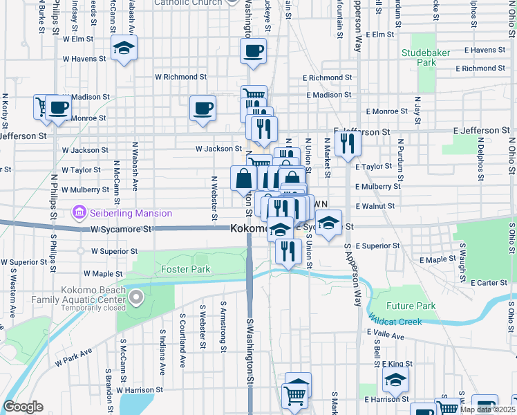 map of restaurants, bars, coffee shops, grocery stores, and more near 221 West Walnut Street in Kokomo