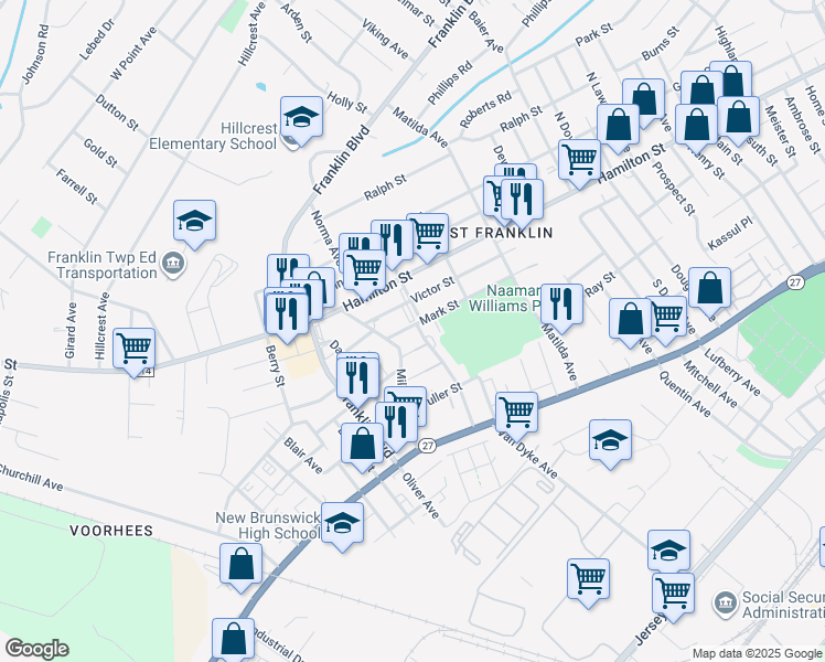 map of restaurants, bars, coffee shops, grocery stores, and more near 38 Parkside Street in Franklin Township