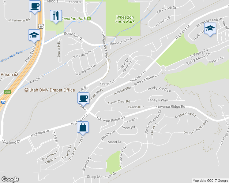 map of restaurants, bars, coffee shops, grocery stores, and more near 14499 Triton Quest Way in Draper