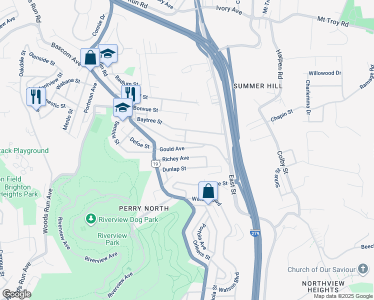 map of restaurants, bars, coffee shops, grocery stores, and more near 133 Gould Avenue in Pittsburgh