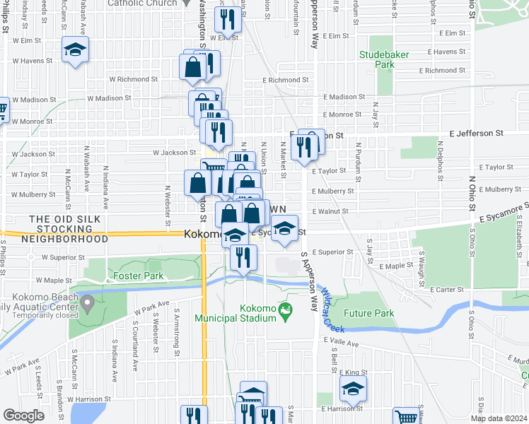 map of restaurants, bars, coffee shops, grocery stores, and more near 199 North Union Street in Kokomo