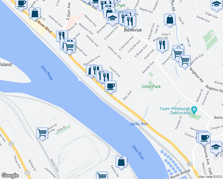 map of restaurants, bars, coffee shops, grocery stores, and more near 240 Grant Avenue in Bellevue