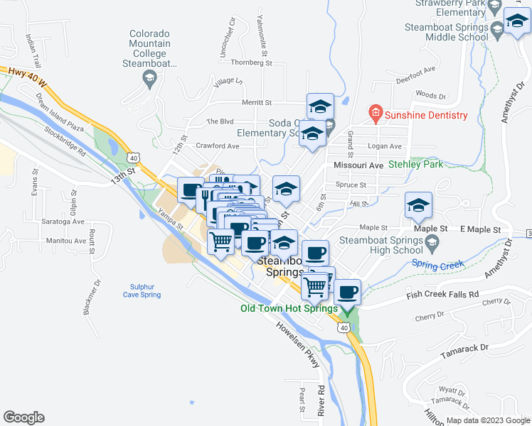 map of restaurants, bars, coffee shops, grocery stores, and more near 737 Pine Street in Steamboat Springs