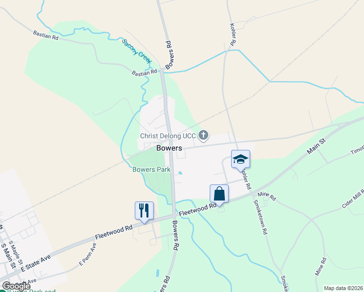 map of restaurants, bars, coffee shops, grocery stores, and more near 31 Old Bowers Road in Mertztown