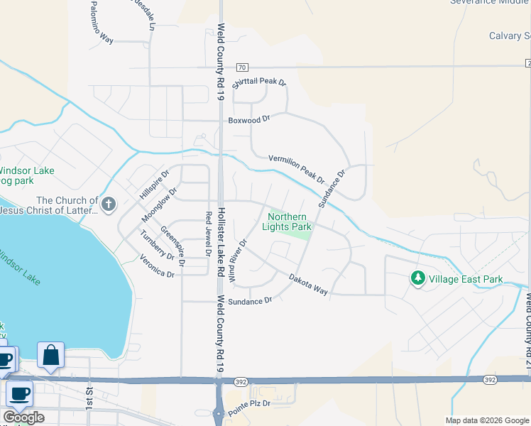 map of restaurants, bars, coffee shops, grocery stores, and more near 601 Wind River Court in Windsor
