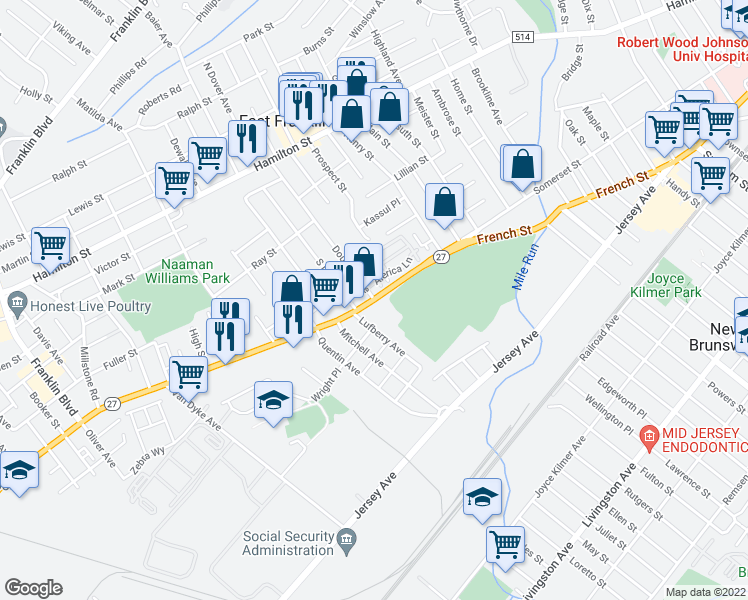 map of restaurants, bars, coffee shops, grocery stores, and more near Somerset Street & Douglas Avenue in New Brunswick