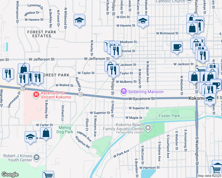 map of restaurants, bars, coffee shops, grocery stores, and more near 201 North Philips Street in Kokomo