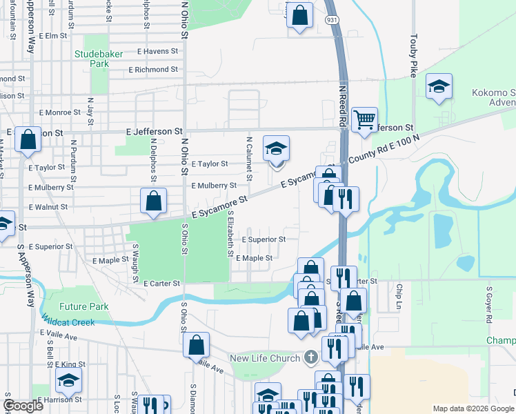 map of restaurants, bars, coffee shops, grocery stores, and more near 1234-1498 East Sycamore Street in Kokomo