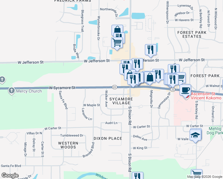 map of restaurants, bars, coffee shops, grocery stores, and more near 2543 West Sycamore Street in Kokomo