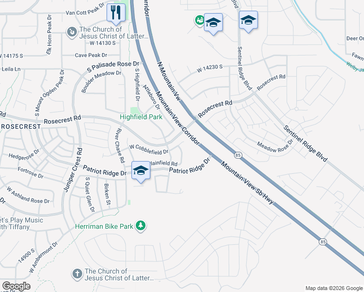map of restaurants, bars, coffee shops, grocery stores, and more near 14527 Plainfield Road in Herriman