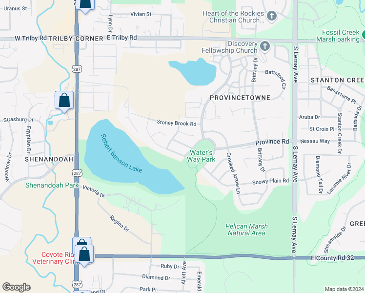 map of restaurants, bars, coffee shops, grocery stores, and more near 633 Sparrow Place in Fort Collins