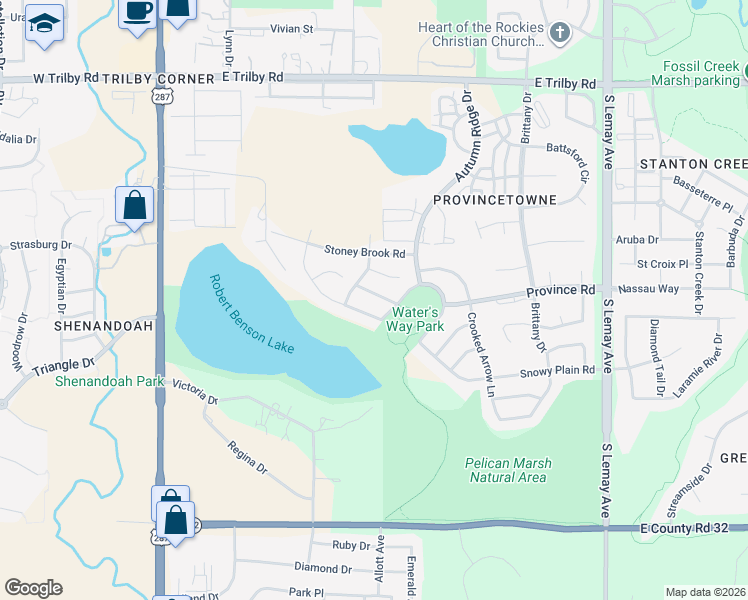 map of restaurants, bars, coffee shops, grocery stores, and more near 633 Sparrow Place in Fort Collins