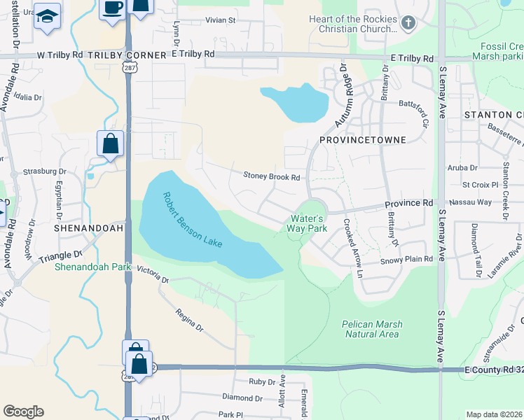 map of restaurants, bars, coffee shops, grocery stores, and more near 505 Coyote Trail Drive in Fort Collins