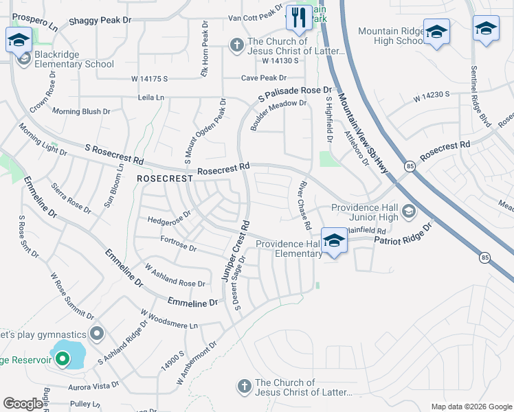 map of restaurants, bars, coffee shops, grocery stores, and more near 14488 Chrome Road in Herriman