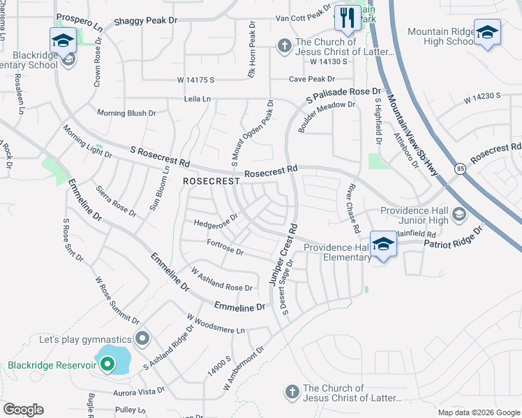 map of restaurants, bars, coffee shops, grocery stores, and more near 14493 Stone Stream Street in Herriman