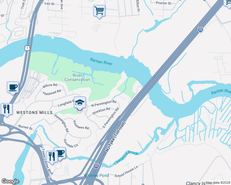 map of restaurants, bars, coffee shops, grocery stores, and more near 10 Roberts Road in New Brunswick