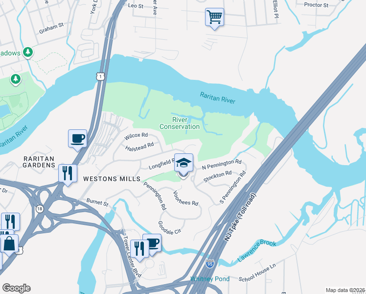 map of restaurants, bars, coffee shops, grocery stores, and more near 6 Bowser Road in New Brunswick