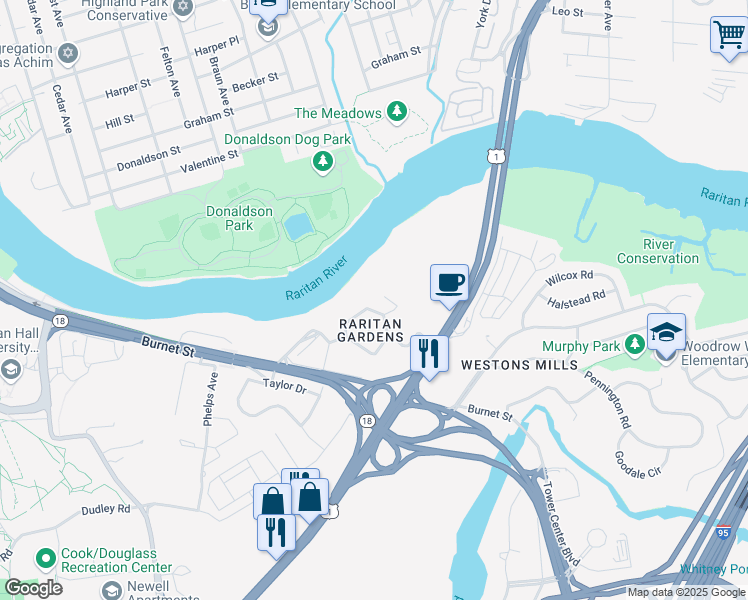 map of restaurants, bars, coffee shops, grocery stores, and more near 11 U.S. 1 in New Brunswick