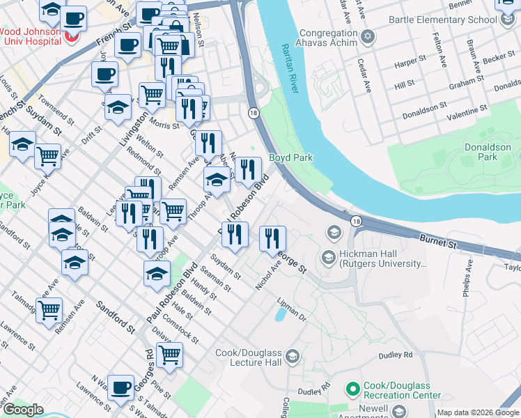map of restaurants, bars, coffee shops, grocery stores, and more near 51 Paul Robeson Boulevard in New Brunswick