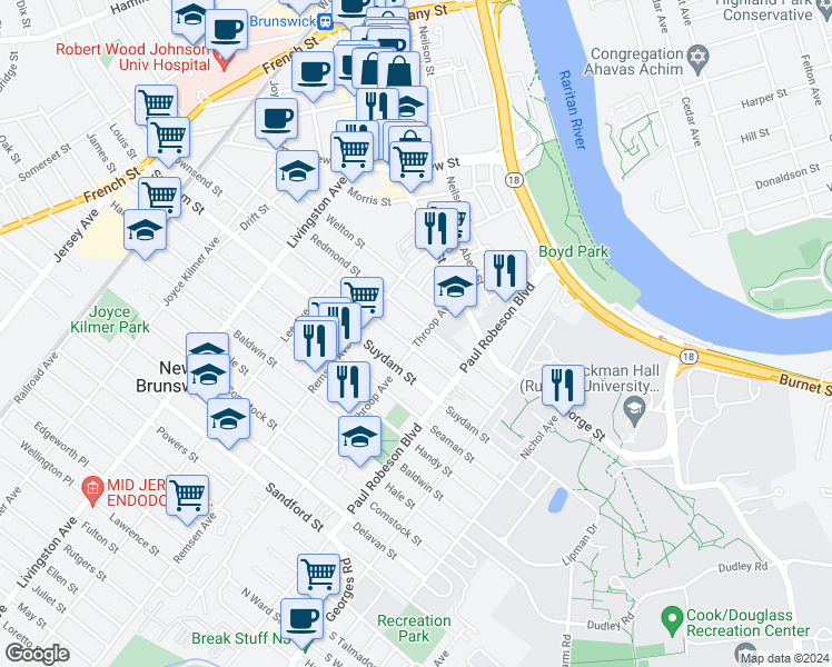 map of restaurants, bars, coffee shops, grocery stores, and more near 27 Throop Avenue in New Brunswick