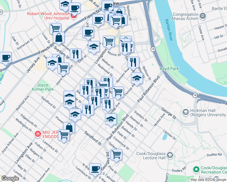 map of restaurants, bars, coffee shops, grocery stores, and more near 169 Suydam Street in New Brunswick