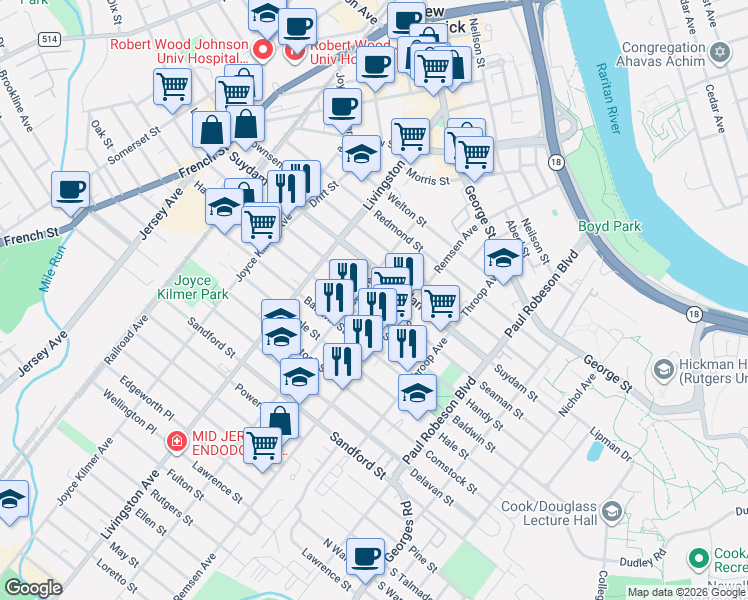 map of restaurants, bars, coffee shops, grocery stores, and more near 54 Lee Avenue in New Brunswick