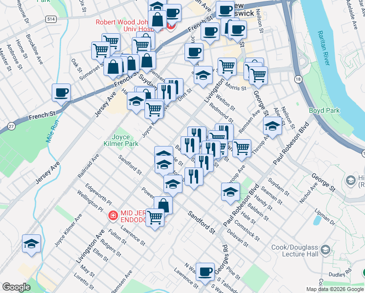 map of restaurants, bars, coffee shops, grocery stores, and more near in New Brunswick