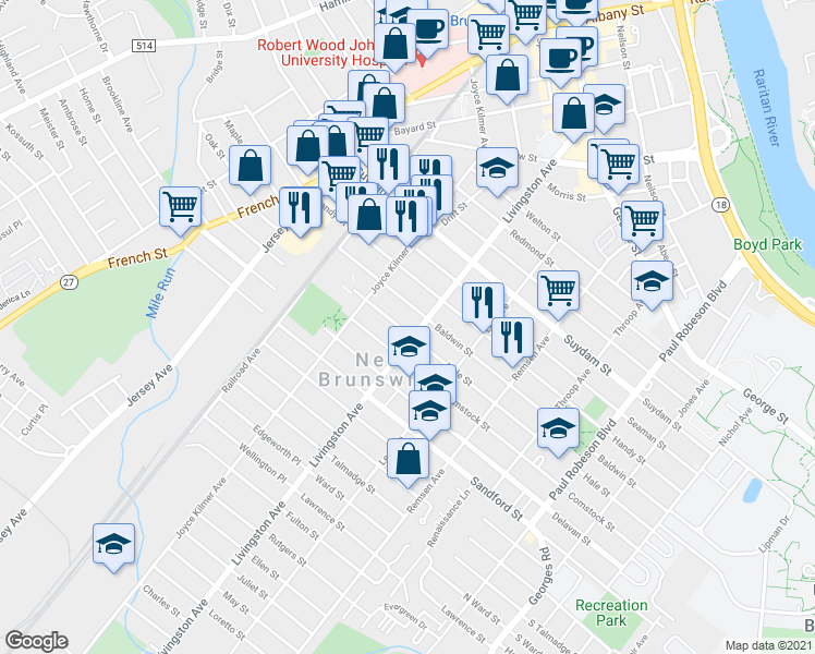 map of restaurants, bars, coffee shops, grocery stores, and more near 218 Baldwin Street in New Brunswick