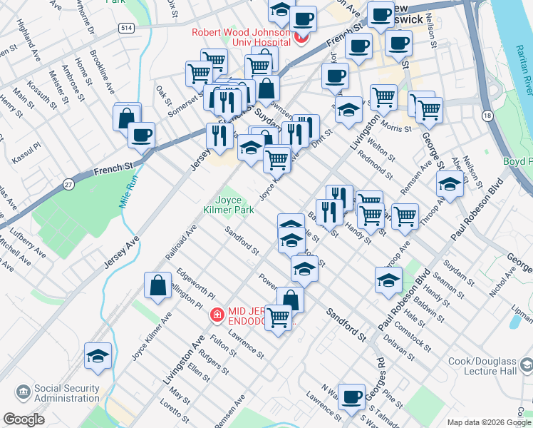 map of restaurants, bars, coffee shops, grocery stores, and more near 134 Joyce Kilmer Avenue in New Brunswick