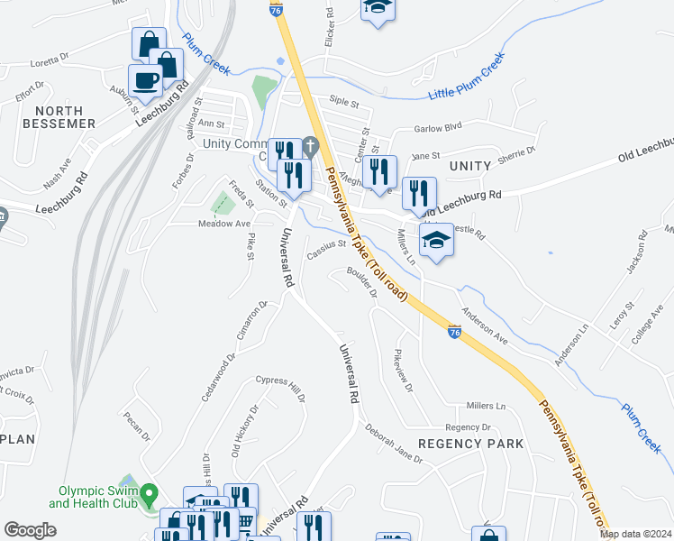 map of restaurants, bars, coffee shops, grocery stores, and more near 15 Boulder Drive in Plum