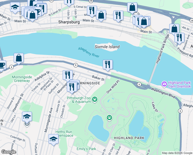 map of restaurants, bars, coffee shops, grocery stores, and more near 7302 Butler Street in Pittsburgh