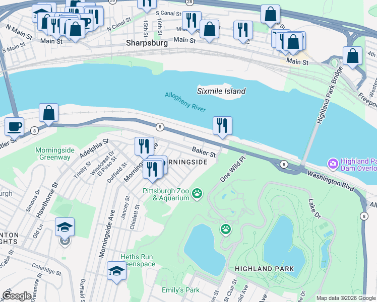 map of restaurants, bars, coffee shops, grocery stores, and more near 7209 Ballard Way in Pittsburgh