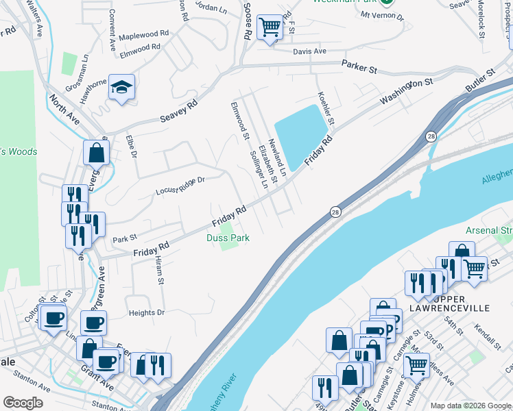 map of restaurants, bars, coffee shops, grocery stores, and more near 427 Friday Road in Pittsburgh