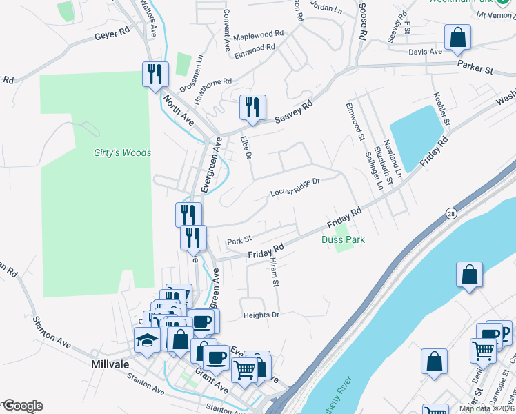 map of restaurants, bars, coffee shops, grocery stores, and more near 105 Dorf Drive in Pittsburgh
