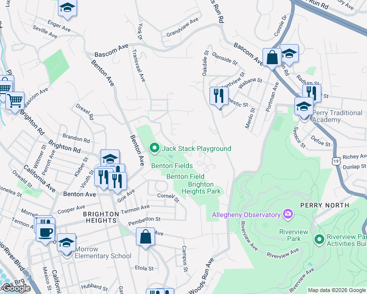 map of restaurants, bars, coffee shops, grocery stores, and more near 802 Brighton Woods Road in Pittsburgh