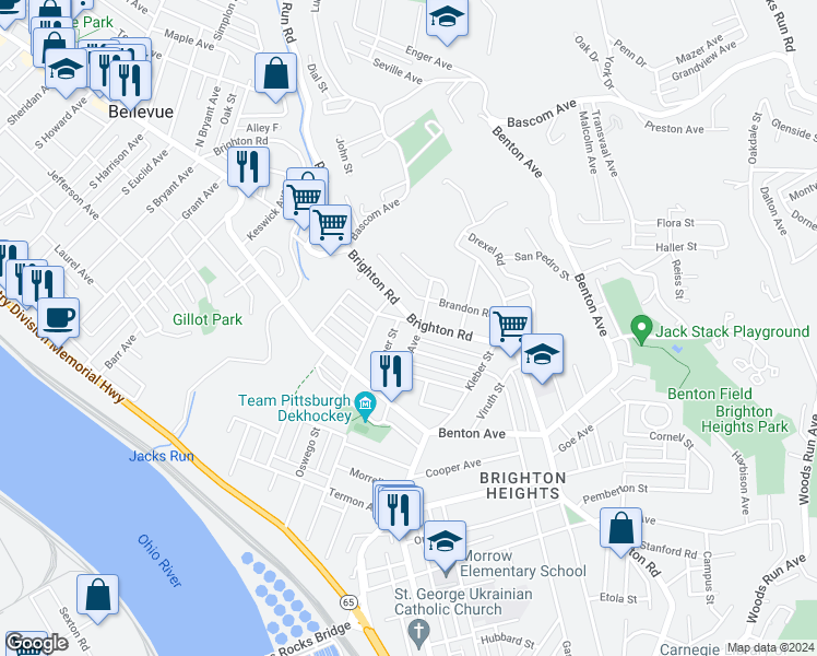 map of restaurants, bars, coffee shops, grocery stores, and more near 4001 Brighton Road in Pittsburgh