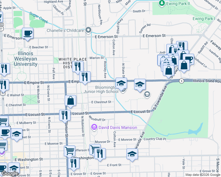 map of restaurants, bars, coffee shops, grocery stores, and more near 913 East Empire Street in Bloomington