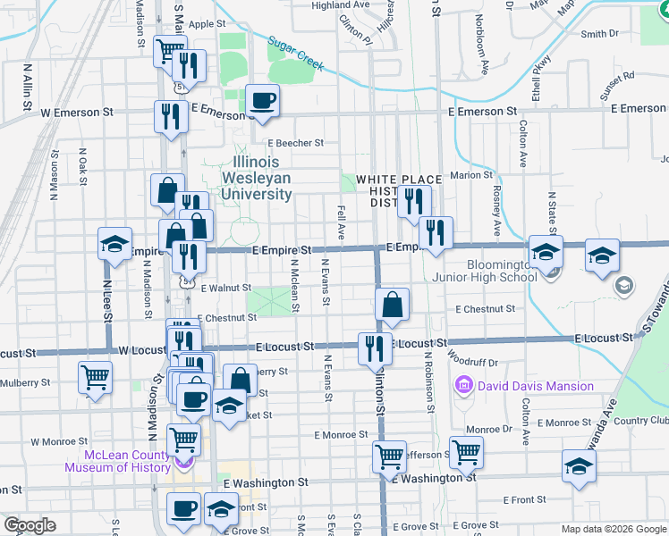 map of restaurants, bars, coffee shops, grocery stores, and more near 1016 North Evans Street in Bloomington